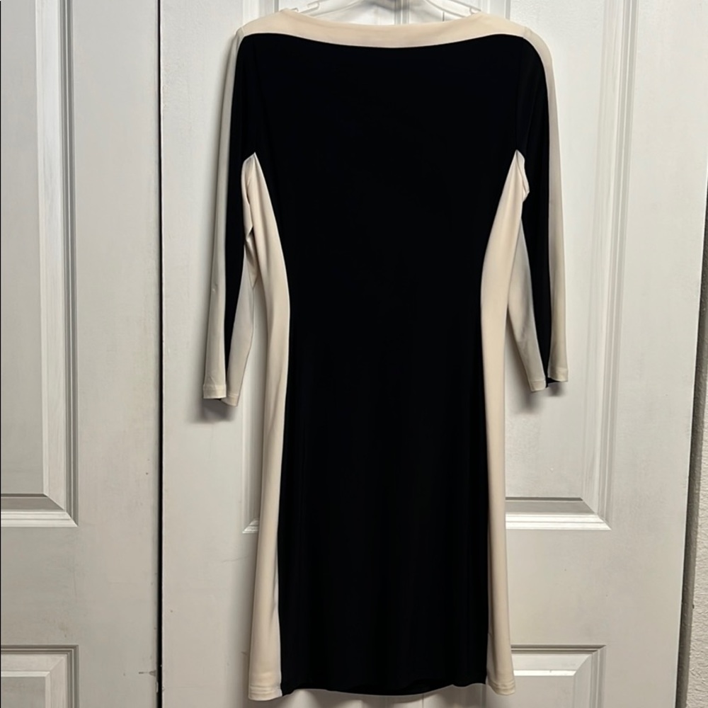 Ralph Lauren Black Cream Sides Strip Mid Sleeve Stretch Body Dress Size 8P - Picture 5 of 6